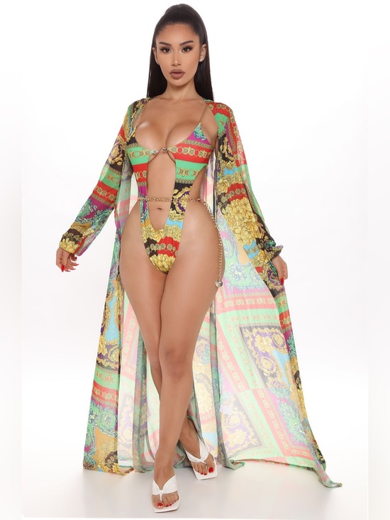 Fashion Nova Other - Fashion Nova Baroque Print Cut-Out Swimsuit & Kimono Cover Up Set - Size M